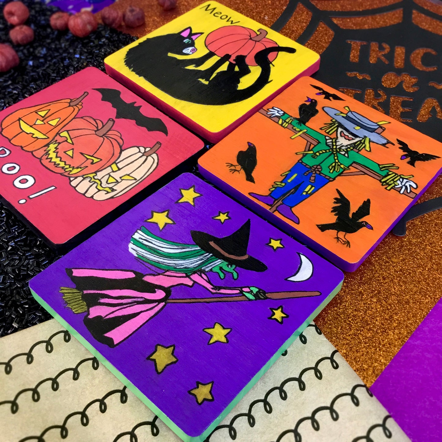 Hand-Painted Wood Halloween Tiles