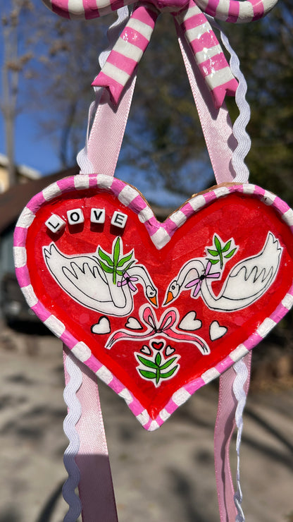 "Love Swans" Ceramic Heart & Bow Hanging Wall Decoration