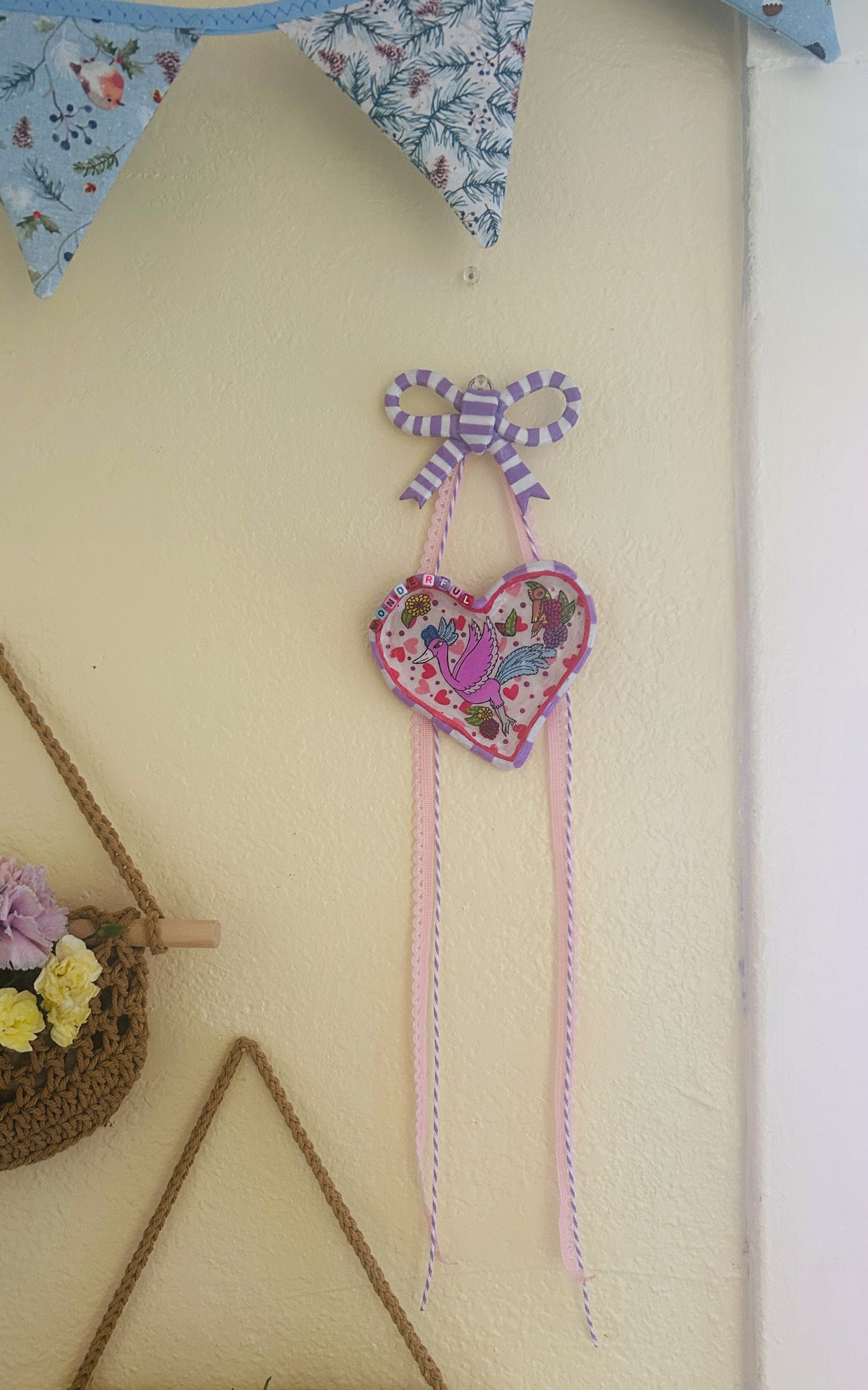 "Wonderful" Whimsical Ceramic Heart & Bow Wall Decoration