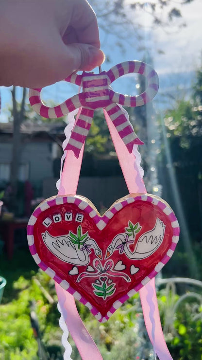 "Love Swans" Ceramic Heart & Bow Hanging Wall Decoration